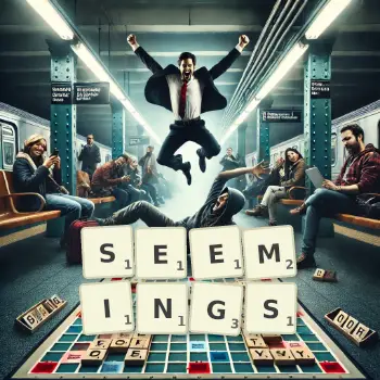 Creative illustration for a Scrabble game with the word SEEMINGS spelled out in tiles on the board.