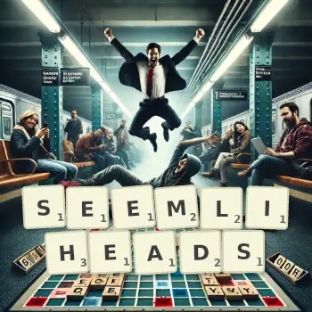 Creative illustration for a Scrabble game with the word SEEMLIHEADS spelled out in tiles on the board.