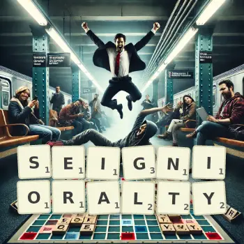 Creative illustration for a Scrabble game with the word SEIGNIORALTY spelled out in tiles on the board.