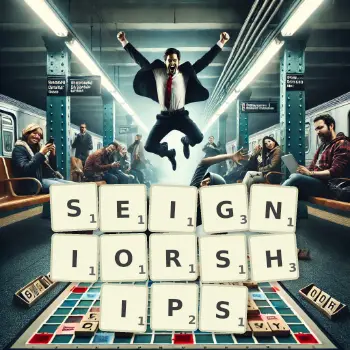 Creative illustration for a Scrabble game with the word SEIGNIORSHIPS spelled out in tiles on the board.
