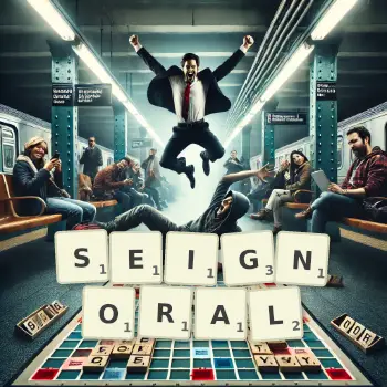 Creative illustration for a Scrabble game with the word SEIGNORAL spelled out in tiles on the board.