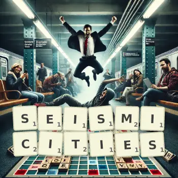 Creative illustration for a Scrabble game with the word SEISMICITIES spelled out in tiles on the board.