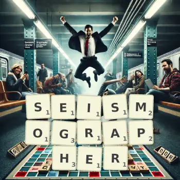 Creative illustration for a Scrabble game with the word SEISMOGRAPHER spelled out in tiles on the board.