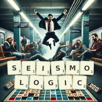 Creative illustration for a Scrabble game with the word SEISMOLOGIC spelled out in tiles on the board.
