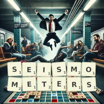 Creative illustration for a Scrabble game with the word SEISMOMETERS spelled out in tiles on the board.