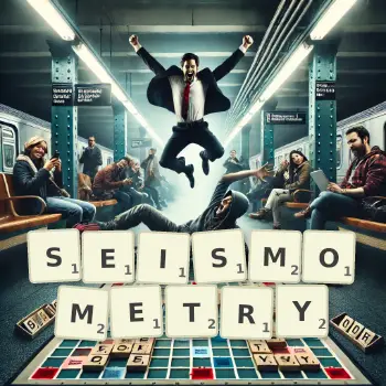 Creative illustration for a Scrabble game with the word SEISMOMETRY spelled out in tiles on the board.