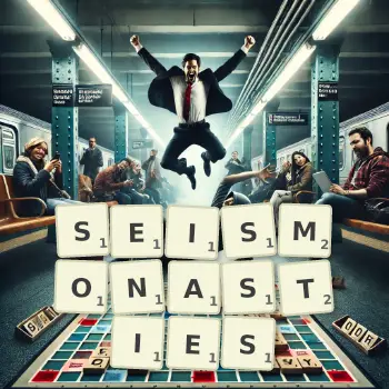 Creative illustration for a Scrabble game with the word SEISMONASTIES spelled out in tiles on the board.