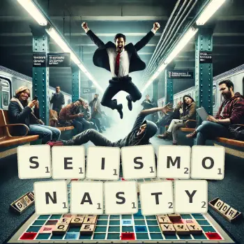 Creative illustration for a Scrabble game with the word SEISMONASTY spelled out in tiles on the board.