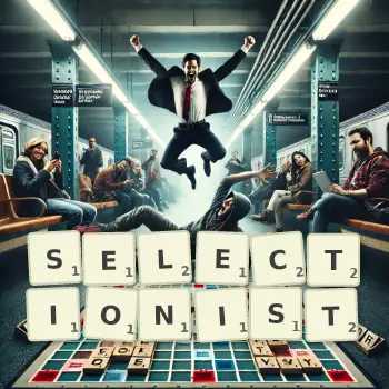 Creative illustration for a Scrabble game with the word SELECTIONIST spelled out in tiles on the board.