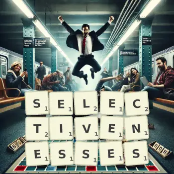 Creative illustration for a Scrabble game with the word SELECTIVENESSES spelled out in tiles on the board.