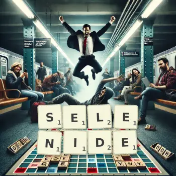 Creative illustration for a Scrabble game with the word SELENIDE spelled out in tiles on the board.