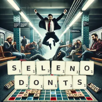 Creative illustration for a Scrabble game with the word SELENODONTS spelled out in tiles on the board.