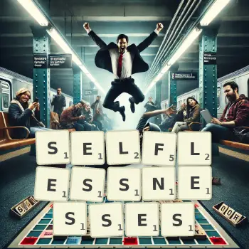 Creative illustration for a Scrabble game with the word SELFLESSNESSES spelled out in tiles on the board.