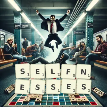 Creative illustration for a Scrabble game with the word SELFNESSES spelled out in tiles on the board.