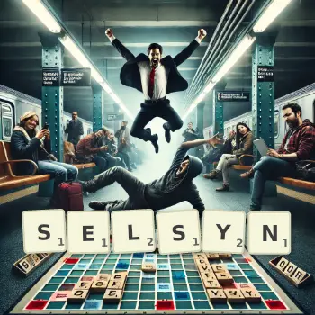 Creative illustration for a Scrabble game with the word SELSYN spelled out in tiles on the board.