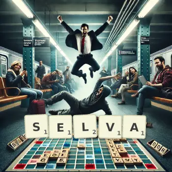 Creative illustration for a Scrabble game with the word SELVA spelled out in tiles on the board.