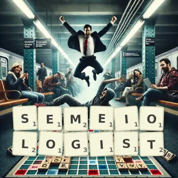 Creative illustration for a Scrabble game with the word SEMEIOLOGIST spelled out in tiles on the board.
