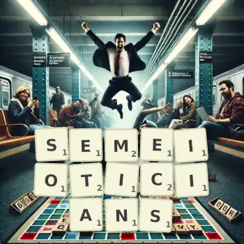Creative illustration for a Scrabble game with the word SEMEIOTICIANS spelled out in tiles on the board.