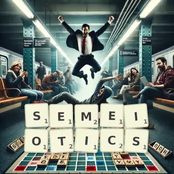 Creative illustration for a Scrabble game with the word SEMEIOTICS spelled out in tiles on the board.
