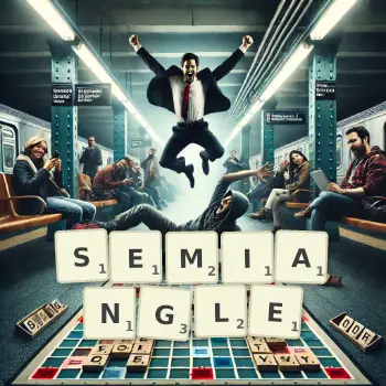 Creative illustration for a Scrabble game with the word SEMIANGLE spelled out in tiles on the board.