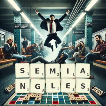 Creative illustration for a Scrabble game with the word SEMIANGLES spelled out in tiles on the board.