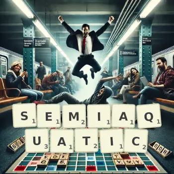 Creative illustration for a Scrabble game with the word SEMIAQUATIC spelled out in tiles on the board.
