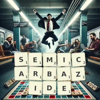 Creative illustration for a Scrabble game with the word SEMICARBAZIDE spelled out in tiles on the board.