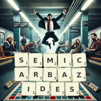 Creative illustration for a Scrabble game with the word SEMICARBAZIDES spelled out in tiles on the board.