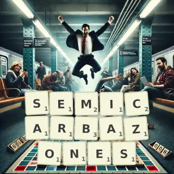 Creative illustration for a Scrabble game with the word SEMICARBAZONES spelled out in tiles on the board.