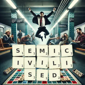 Creative illustration for a Scrabble game with the word SEMICIVILISED spelled out in tiles on the board.