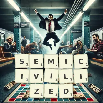 Creative illustration for a Scrabble game with the word SEMICIVILIZED spelled out in tiles on the board.