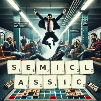 Creative illustration for a Scrabble game with the word SEMICLASSIC spelled out in tiles on the board.