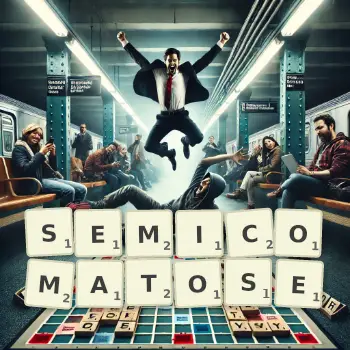 Creative illustration for a Scrabble game with the word SEMICOMATOSE spelled out in tiles on the board.
