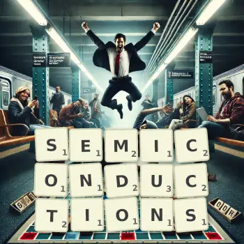 Creative illustration for a Scrabble game with the word SEMICONDUCTIONS spelled out in tiles on the board.