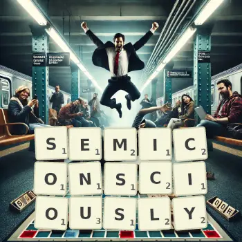 Creative illustration for a Scrabble game with the word SEMICONSCIOUSLY spelled out in tiles on the board.