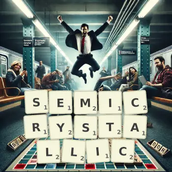 Creative illustration for a Scrabble game with the word SEMICRYSTALLIC spelled out in tiles on the board.