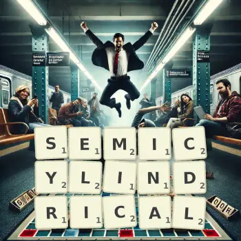 Creative illustration for a Scrabble game with the word SEMICYLINDRICAL spelled out in tiles on the board.
