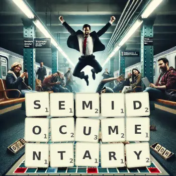 Creative illustration for a Scrabble game with the word SEMIDOCUMENTARY spelled out in tiles on the board.