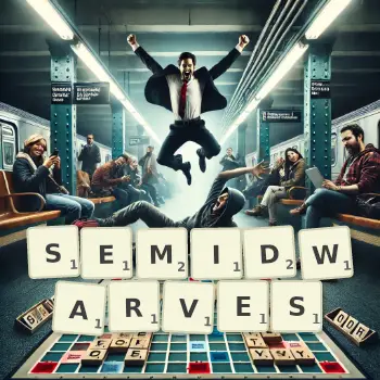 Creative illustration for a Scrabble game with the word SEMIDWARVES spelled out in tiles on the board.