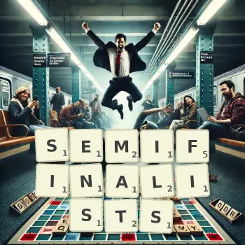 Creative illustration for a Scrabble game with the word SEMIFINALISTS spelled out in tiles on the board.