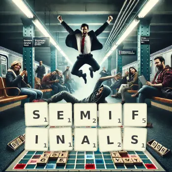 Creative illustration for a Scrabble game with the word SEMIFINALS spelled out in tiles on the board.