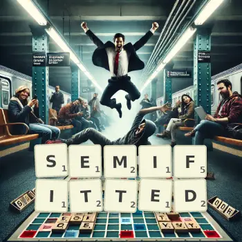 Creative illustration for a Scrabble game with the word SEMIFITTED spelled out in tiles on the board.
