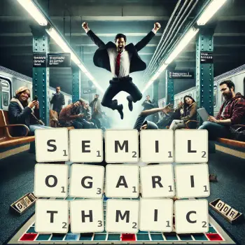 Creative illustration for a Scrabble game with the word SEMILOGARITHMIC spelled out in tiles on the board.