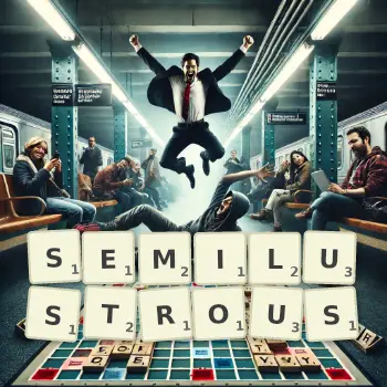 Creative illustration for a Scrabble game with the word SEMILUSTROUS spelled out in tiles on the board.