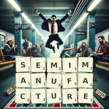 Creative illustration for a Scrabble game with the word SEMIMANUFACTURE spelled out in tiles on the board.
