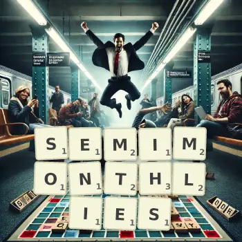 Creative illustration for a Scrabble game with the word SEMIMONTHLIES spelled out in tiles on the board.