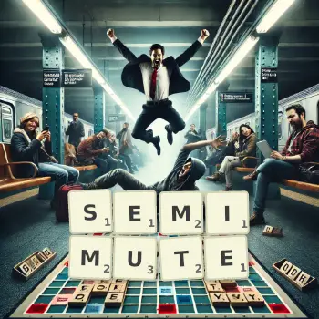 Creative illustration for a Scrabble game with the word SEMIMUTE spelled out in tiles on the board.