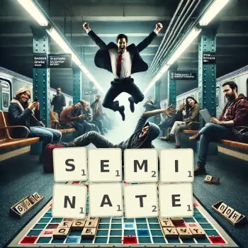 Creative illustration for a Scrabble game with the word SEMINATE spelled out in tiles on the board.