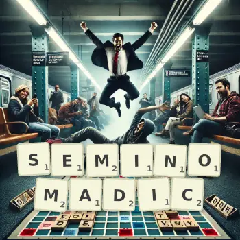 Creative illustration for a Scrabble game with the word SEMINOMADIC spelled out in tiles on the board.
