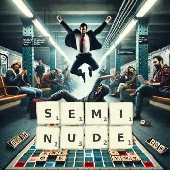 Creative illustration for a Scrabble game with the word SEMINUDE spelled out in tiles on the board.